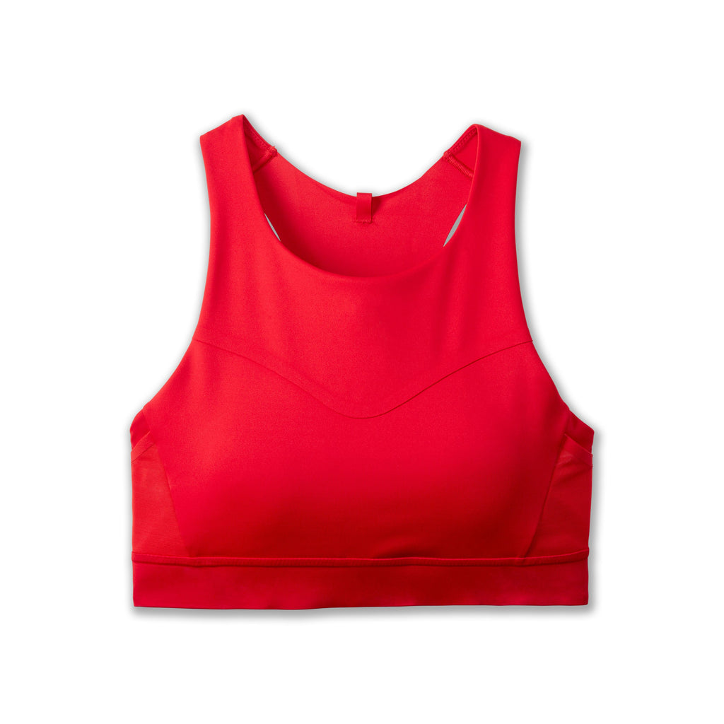 Womens' Brooks 3 Pocket Sports Bra. Red. Front view.