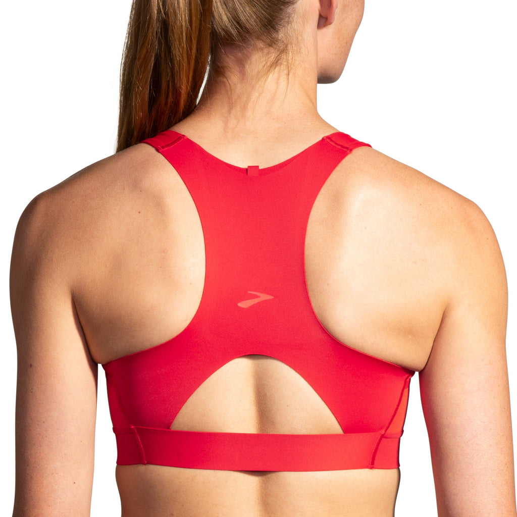 Womens' Brooks 3 Pocket Sports Bra. Red. Rear view.