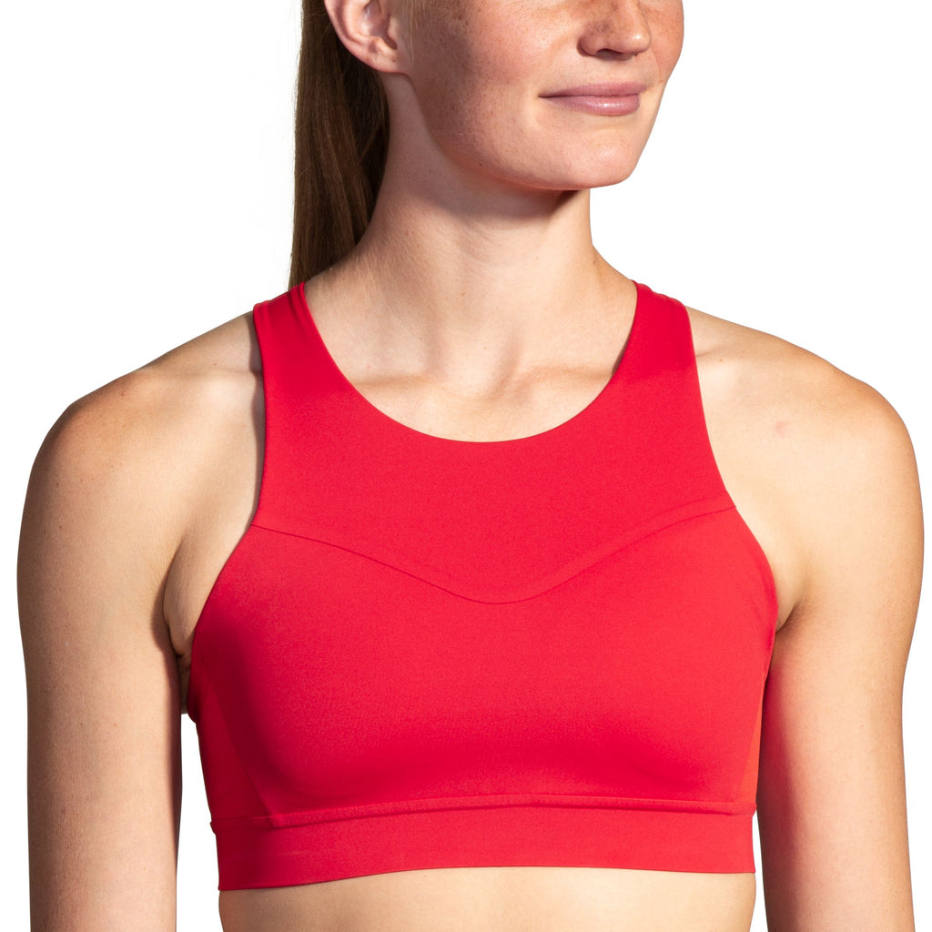 Womens' Brooks 3 Pocket Sports Bra. Red. Front view.