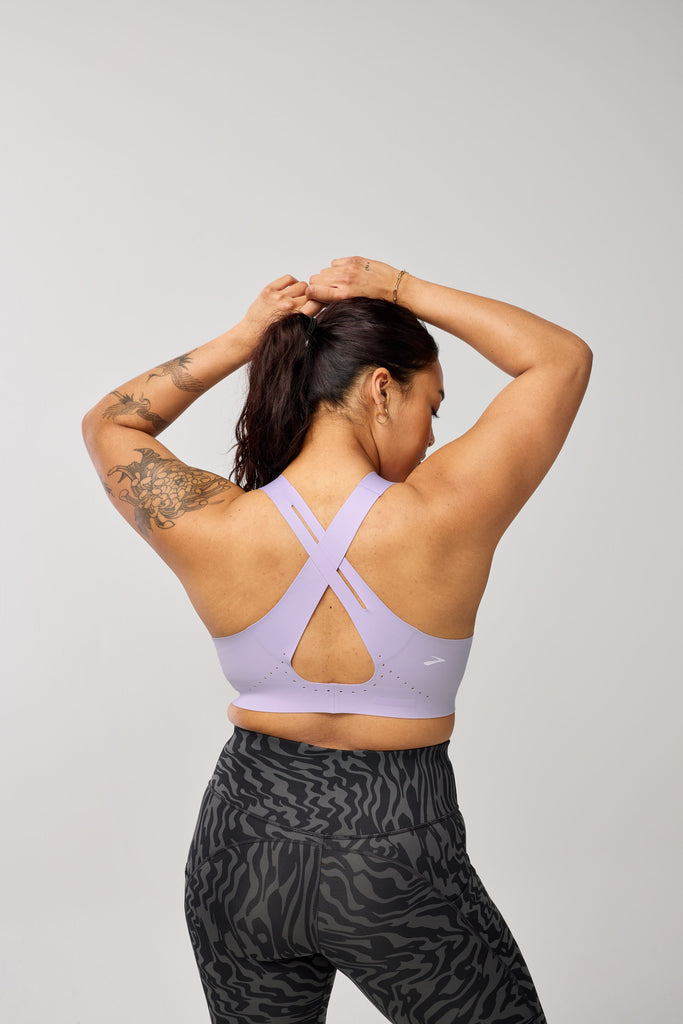 Women's Brooks Crossback 2.0 Sports Bra. Light Pink. Rear view.