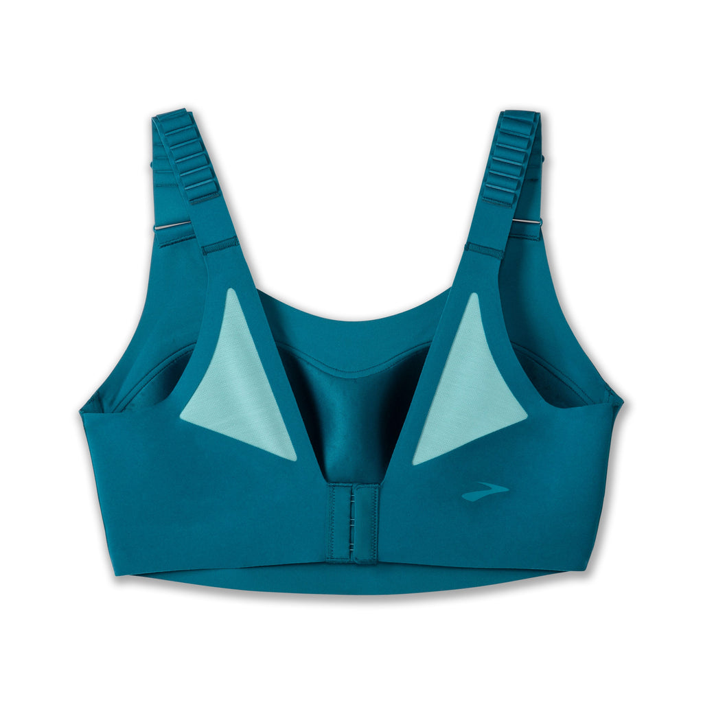 Women's Brooks Scoopback 2.0 Sports Bra. Blue/Green. Rear view.