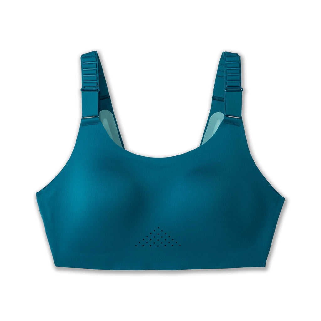 Women's Brooks Scoopback 2.0 Sports Bra. Blue/Green. Front view.