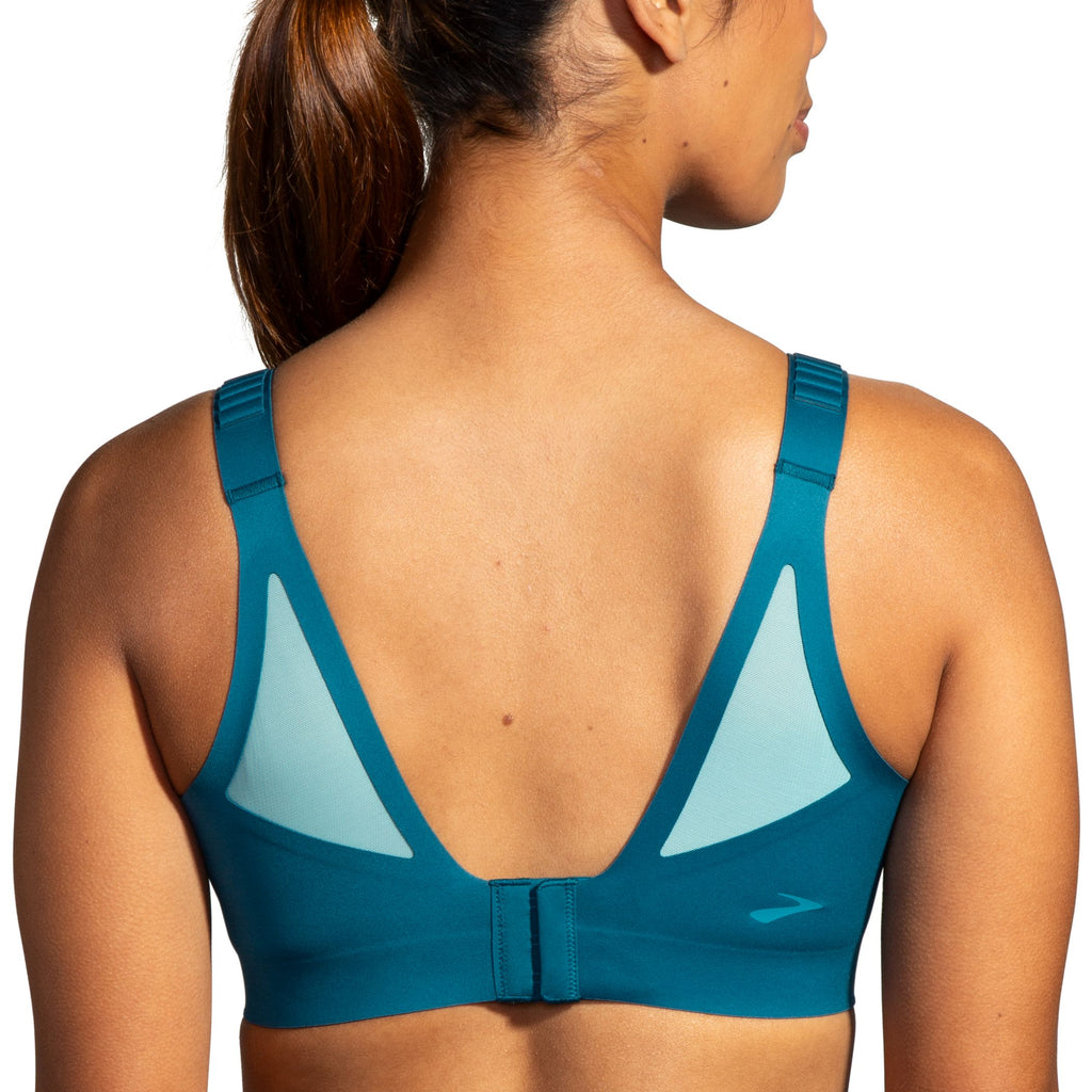 Women's Brooks Scoopback 2.0 Sports Bra. Blue/Green. Rear view.