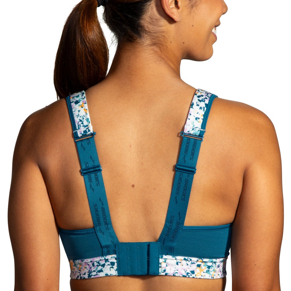 Women's Brooks Drive Convertible 2.0 Sports Bra. Green/White speckled. Rear view.