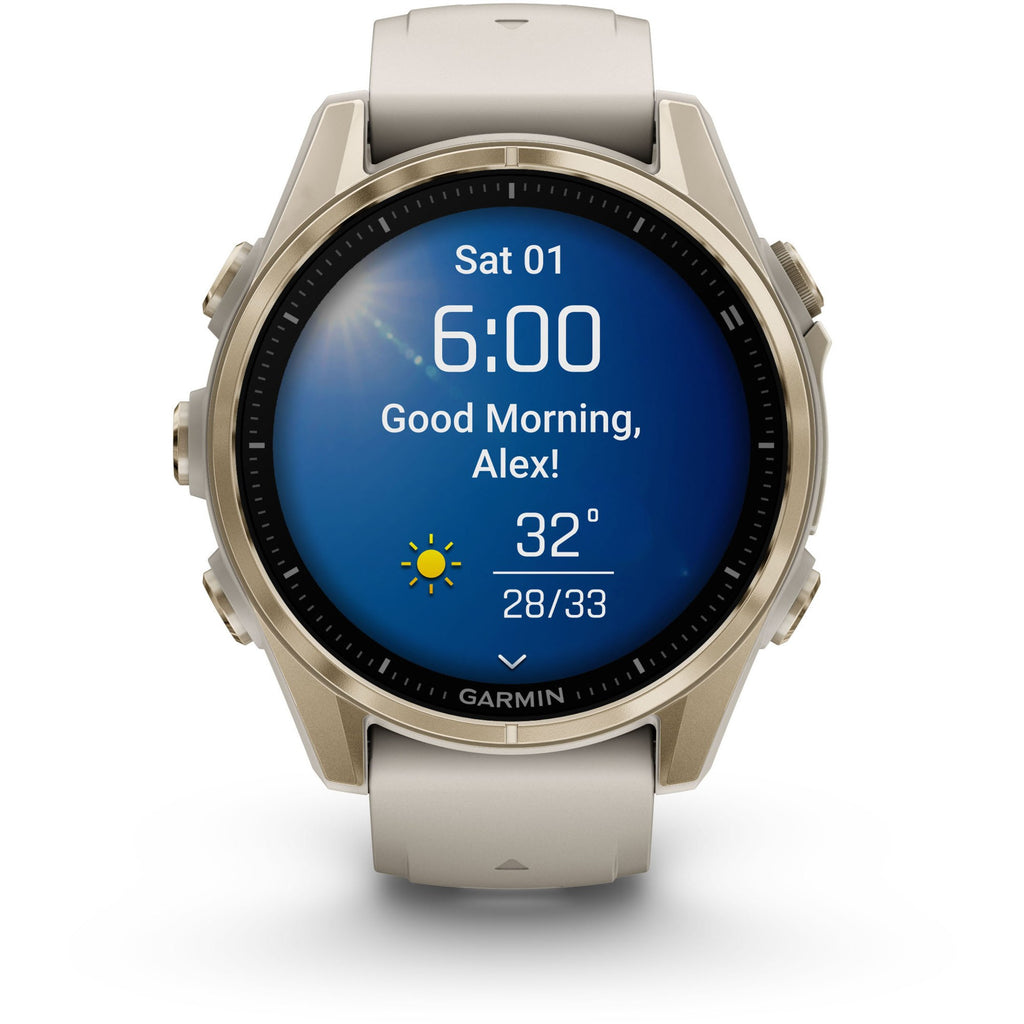 Garmin Fenix 8 AMOLED Sapphire. Soft Gold/Fog Gray. Front view.