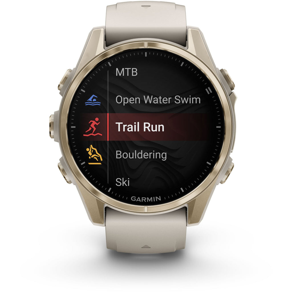 Garmin Fenix 8 AMOLED Sapphire. Soft Gold/Fog Gray. Front view.