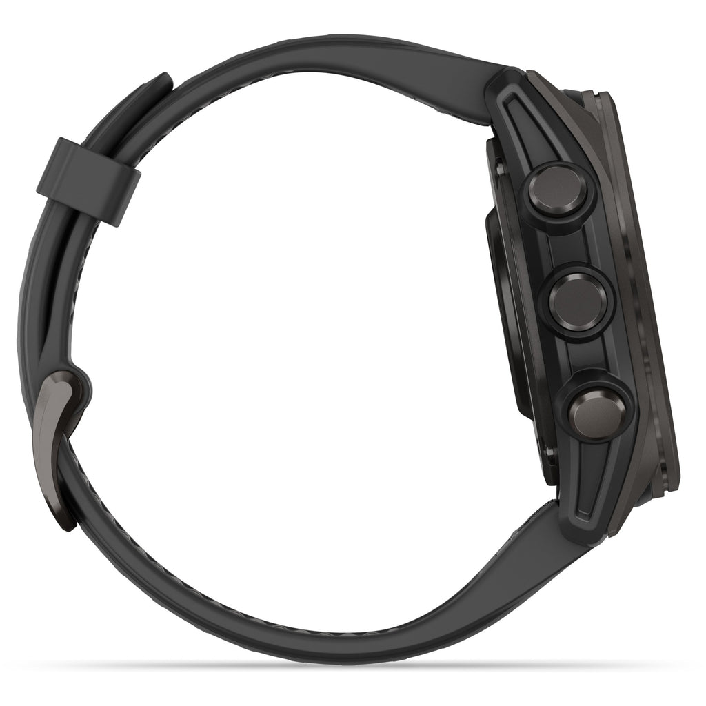 Garmin Fenix 8 AMOLED Sapphire. Carbon Gray DLC Titanium/Black. Lateral view.