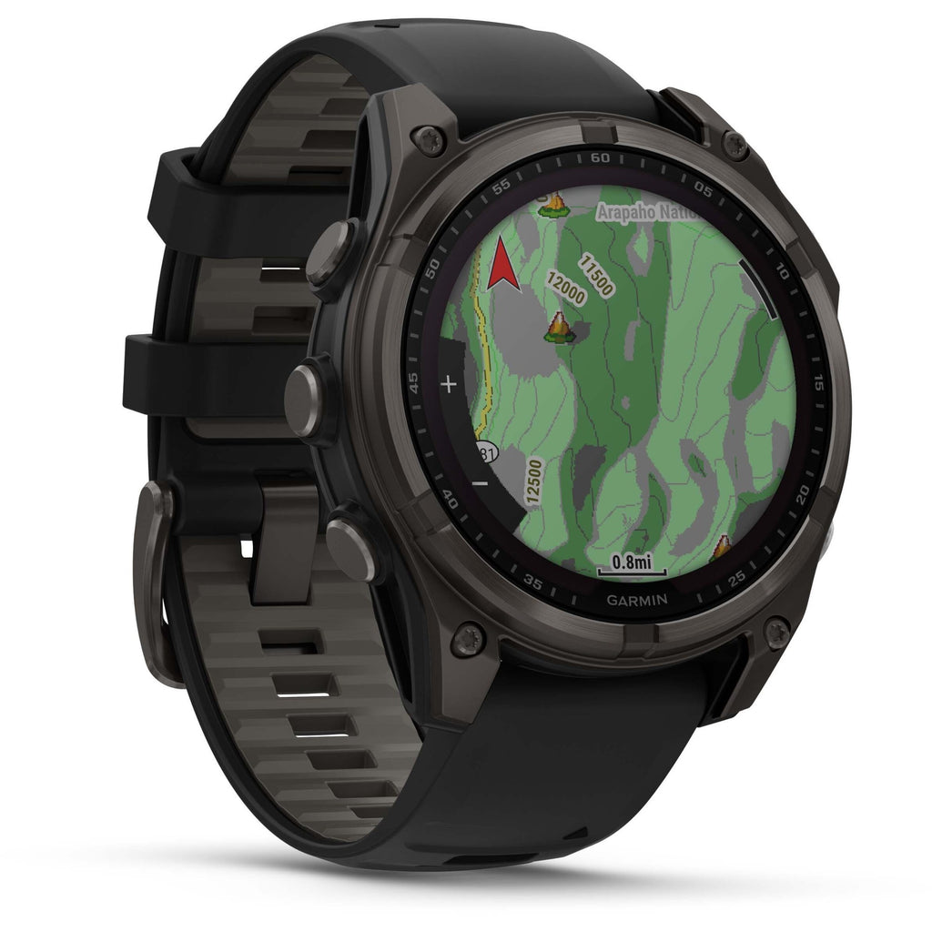 Garmin Fenix 8 Solar Sapphire. Carbon Gray DLC Titanium/Black. Front/Lateral view.