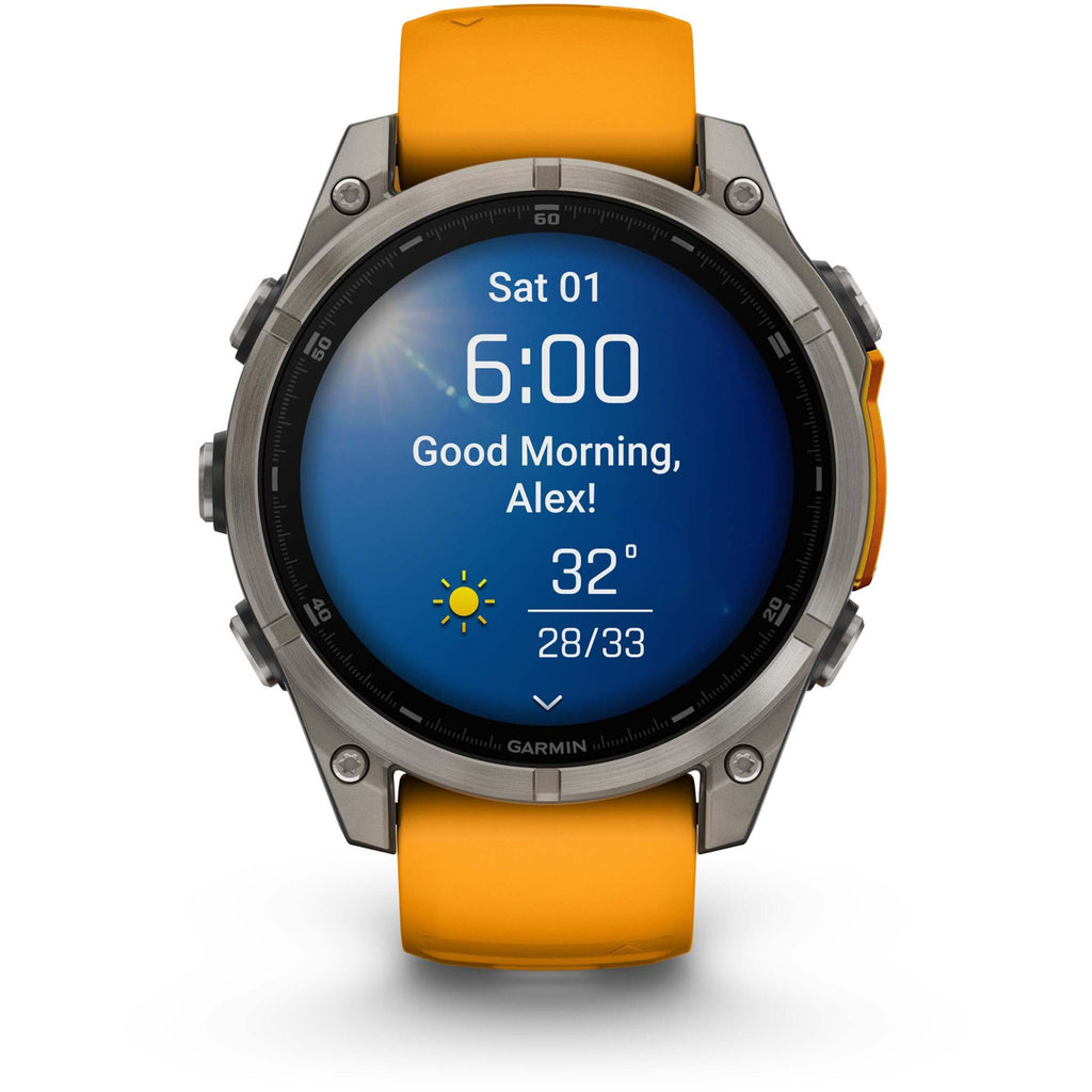 Garmin Fenix 8 AMOLED Sapphire. Titanium/Spark Orange. Front view.