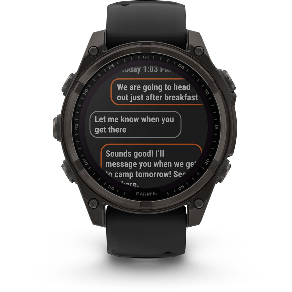 Garmin Fenix 8 Solar Sapphire. Carbon Gray DLC Titanium/Black. Front view.