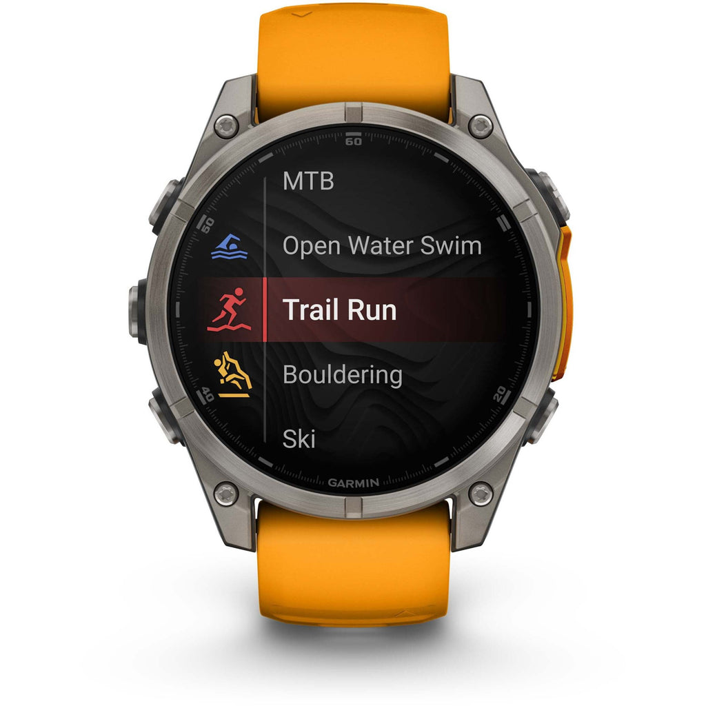 Garmin Fenix 8 AMOLED Sapphire. Titanium/Spark Orange. Front view.