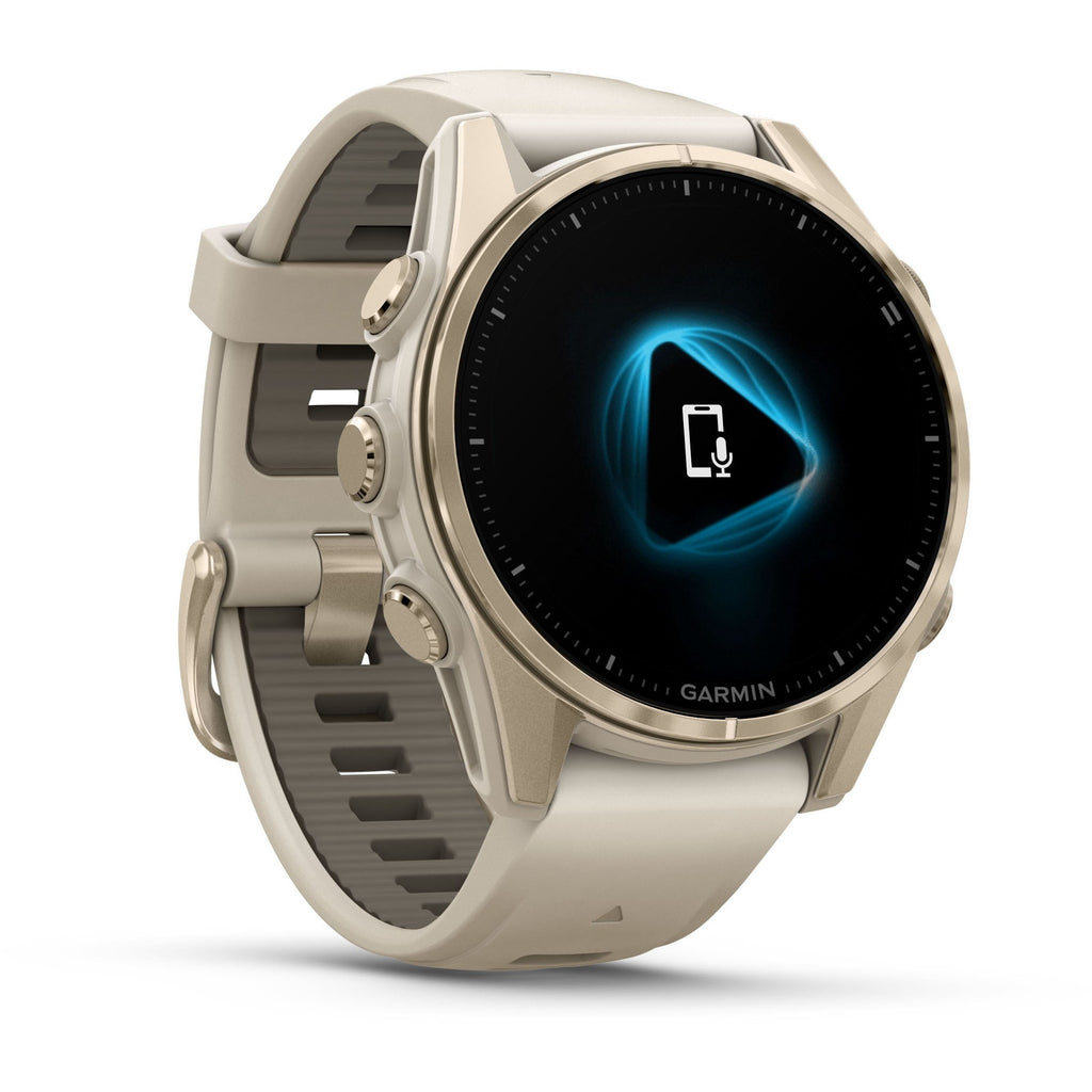 Garmin Fenix 8 AMOLED Sapphire. Soft Gold/Fog Gray. Front/Lateral view.