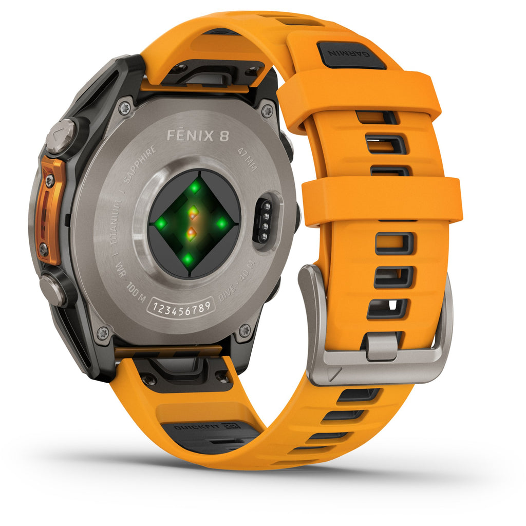 Garmin Fenix 8 AMOLED Sapphire. Titanium/Spark Orange. Rear/Lateral view.