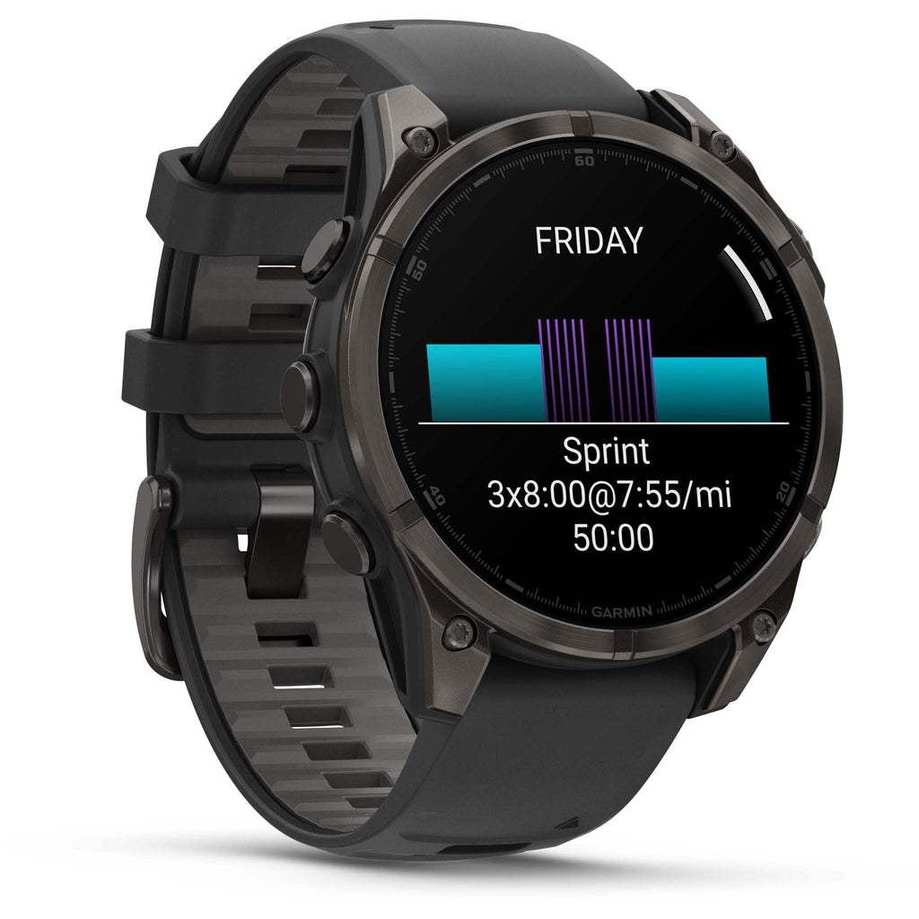 Garmin Fenix 8 AMOLED Sapphire. Carbon Gray DLC Titanium/Black. Front/Lateral view.