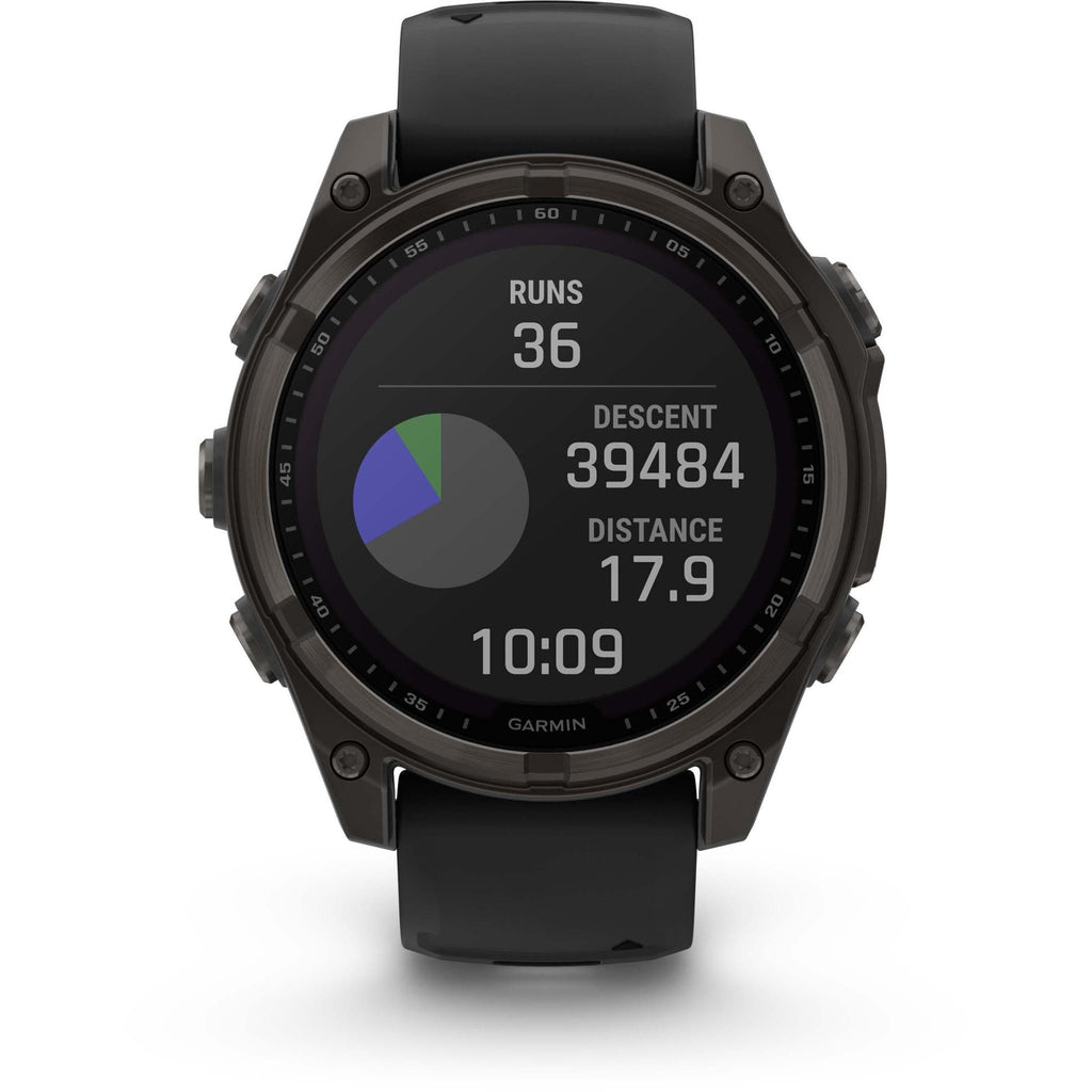 Garmin Fenix 8 Solar Sapphire. Carbon Gray DLC Titanium/Black. Front view.