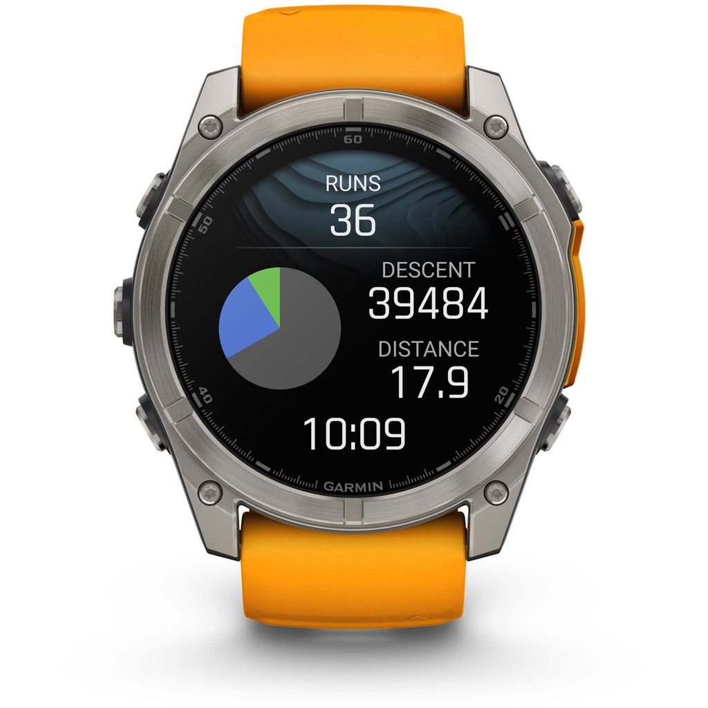 Garmin Fenix 8 AMOLED Sapphire. Titanium/Spark Orange. Front view.