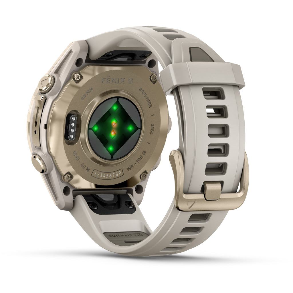 Garmin Fenix 8 AMOLED Sapphire. Soft Gold/Fog Gray. Rear/Lateral view.