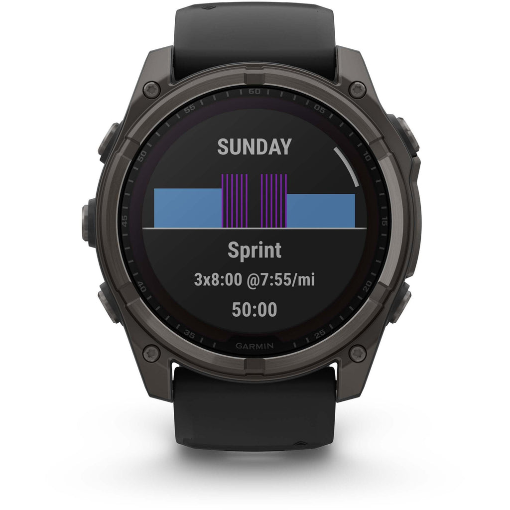Garmin Fenix 8 Solar Sapphire. Carbon Gray DLC Titanium/Black. Front view.