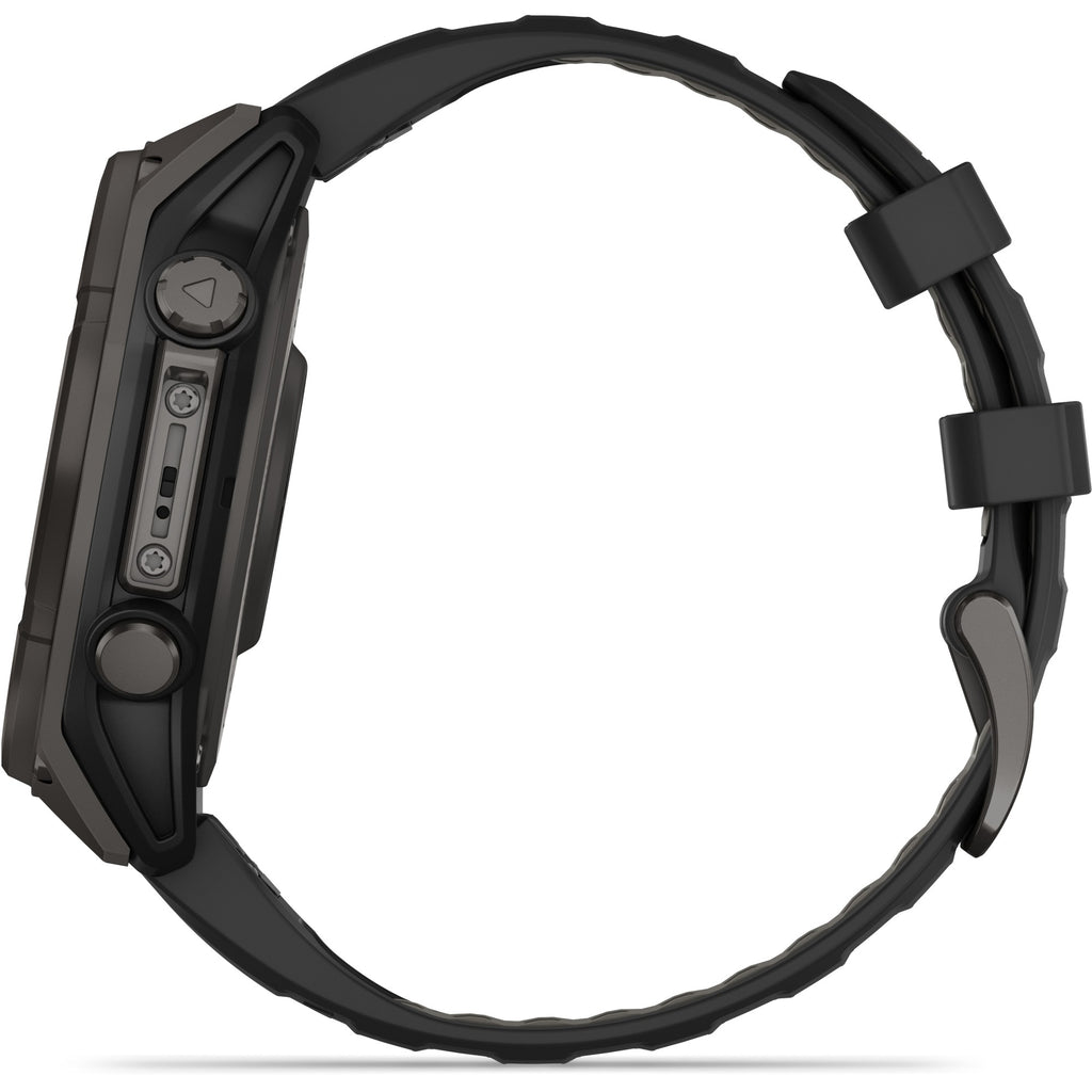 Garmin Fenix 8 Solar Sapphire. Carbon Gray DLC Titanium/Black. Lateral view.