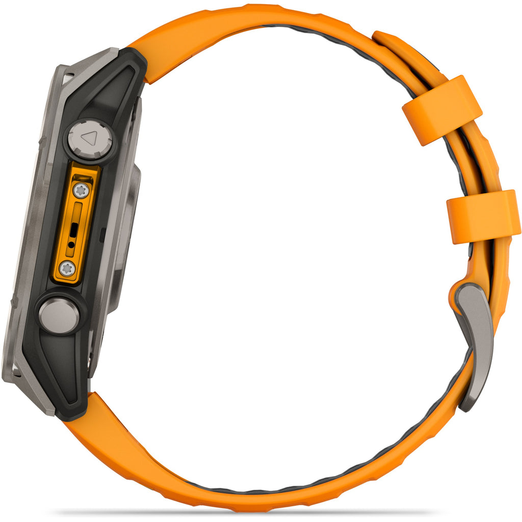 Garmin Fenix 8 AMOLED Sapphire. Titanium/Spark Orange. Lateral view.