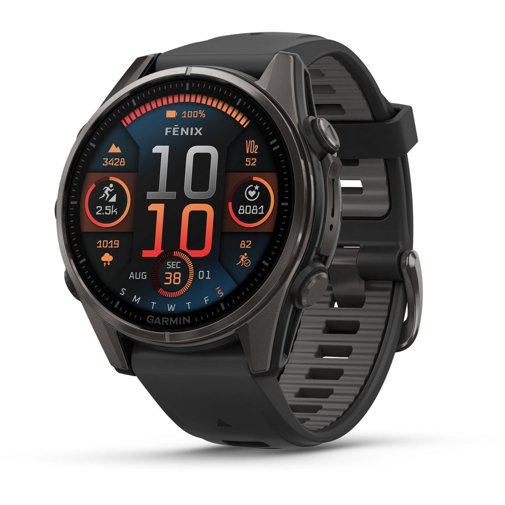 Garmin Fenix 8 AMOLED Sapphire. Carbon Gray DLC Titanium/Black. Front/Lateral view.