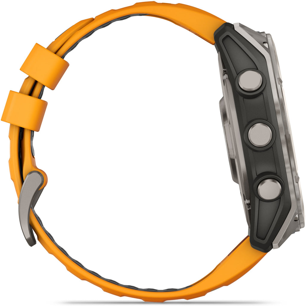 Garmin Fenix 8 AMOLED Sapphire. Titanium/Spark Orange. Lateral view.