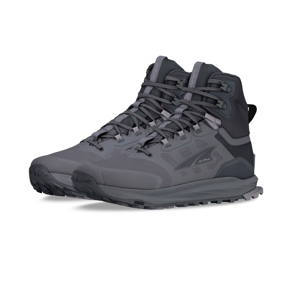 Men's Altra Lone Peak 9 Waterproof MID. Black/Gray upper. Gray midsole. Lateral view.