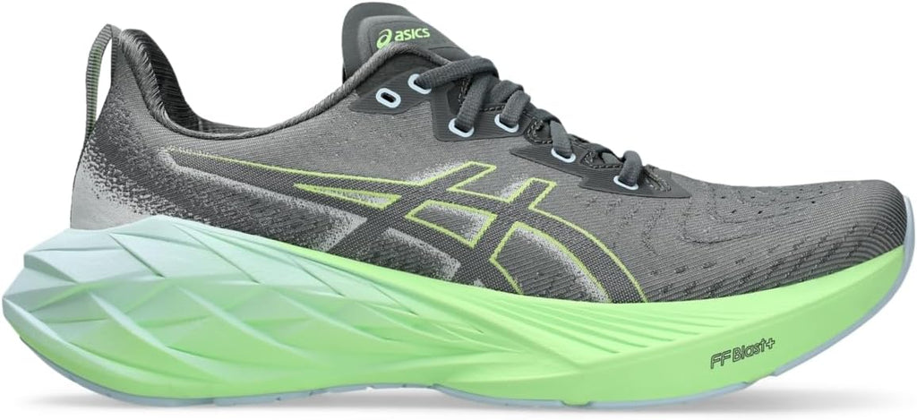 Men's Asics Novablast 4. Grey upper. Green midsole. Lateral view.