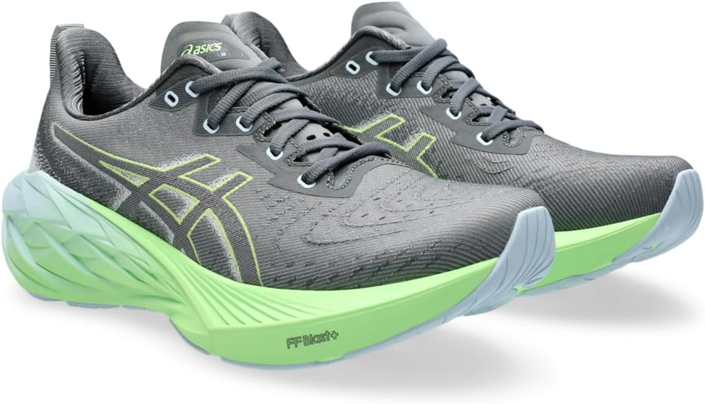 Men's Asics Novablast 4. Grey upper. Green midsole. Lateral view.