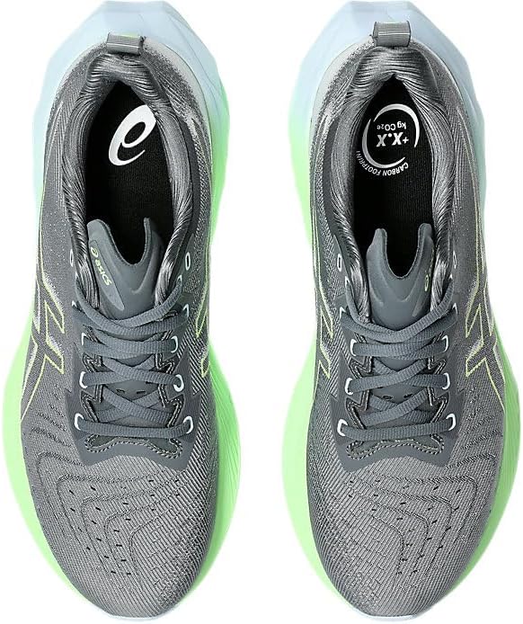 Men's Asics Novablast 4. Grey upper. Green midsole. Top view.