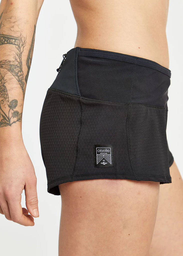 Women's Oiselle Mac Toolbelt Roga Shorts. Black. Lateral view.