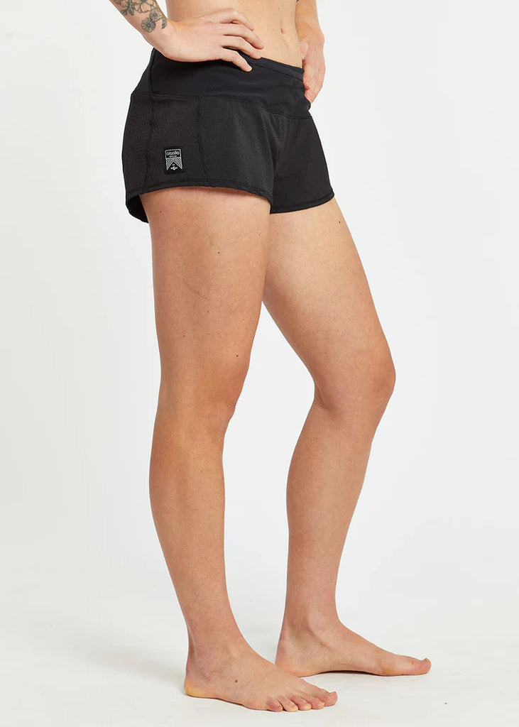 Women's Oiselle Mac Toolbelt Roga Shorts. Black. Lateral view.