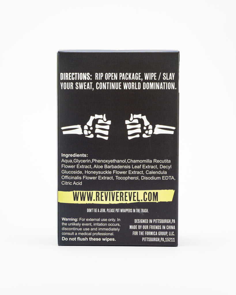 Revive & Revel Sweat Slayer Wipes. Box.