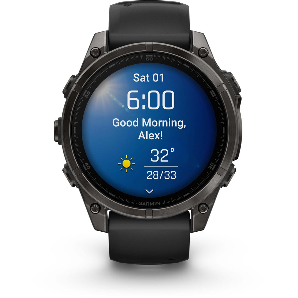 Garmin Fenix 8 AMOLED Sapphire. Carbon Gray DLC Titanium/Black. Front view.