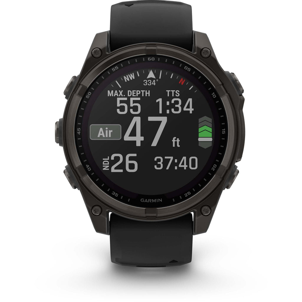 Garmin Fenix 8 Solar Sapphire. Carbon Gray DLC Titanium/Black. Front view.