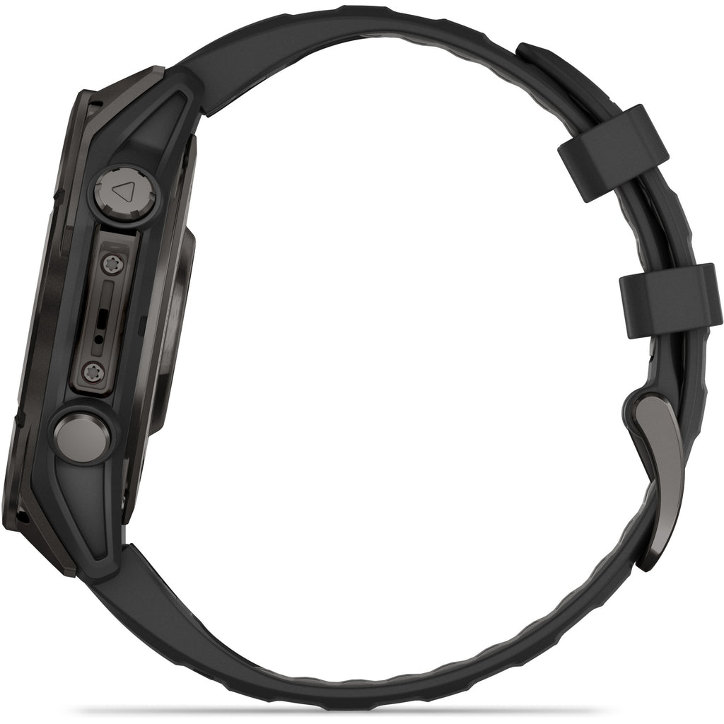 Garmin Fenix 8 AMOLED Sapphire. Carbon Gray DLC Titanium/Black. Lateral view.