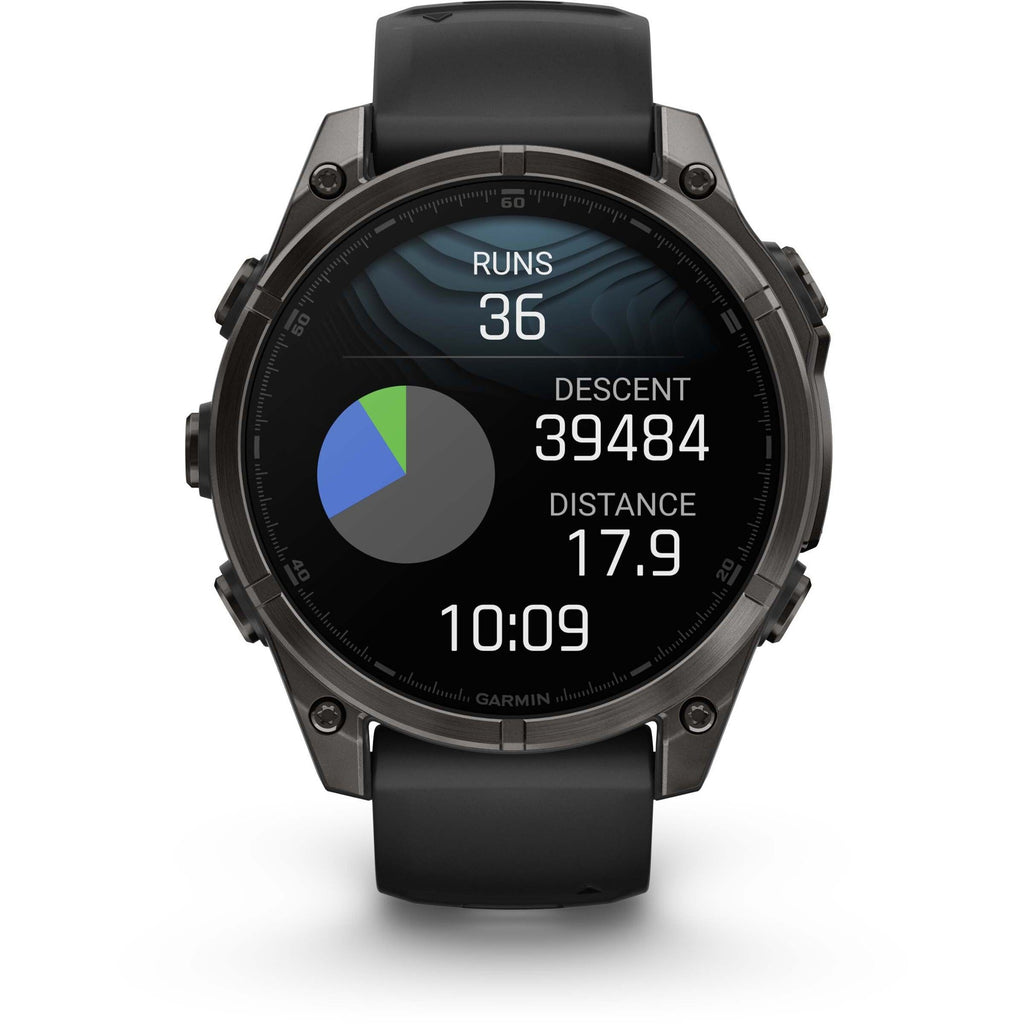 Garmin Fenix 8 AMOLED Sapphire. Carbon Gray DLC Titanium/Black. Front view.