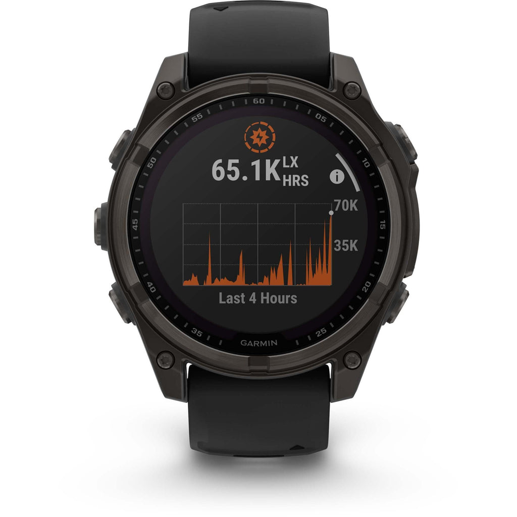 Garmin Fenix 8 Solar Sapphire. Carbon Gray DLC Titanium/Black. Front view.