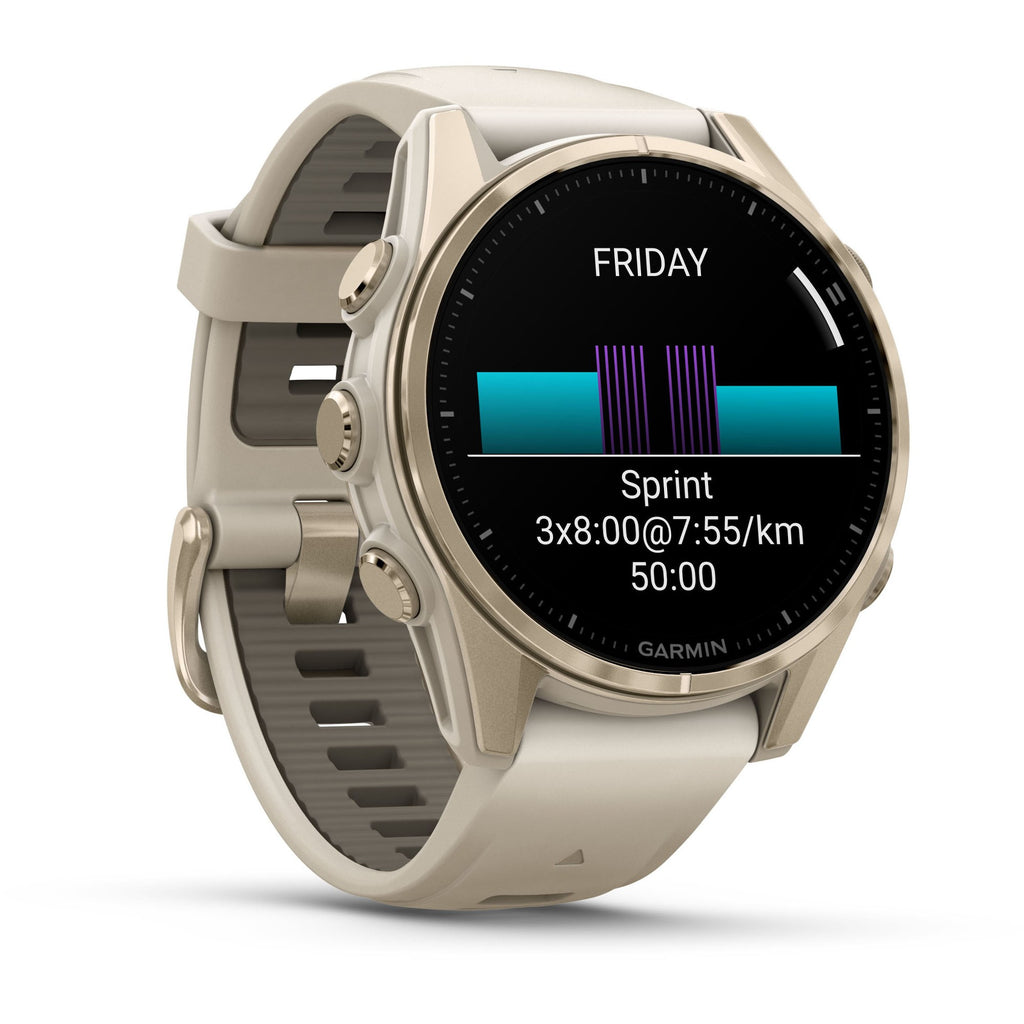 Garmin Fenix 8 AMOLED Sapphire. Soft Gold/Fog Gray. Front/Lateral view.