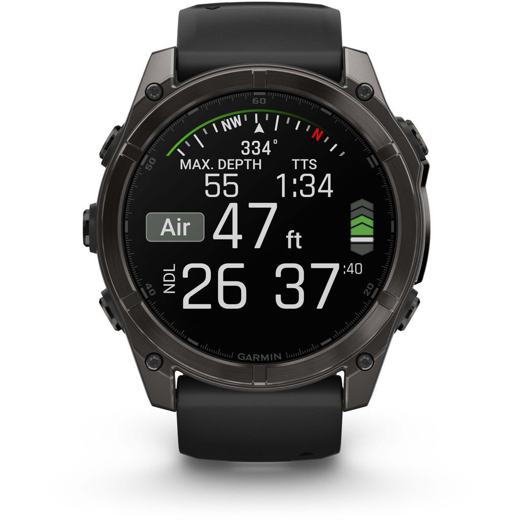 Garmin Fenix 8 AMOLED Sapphire. Carbon Gray DLC Titanium/Black. Front view.