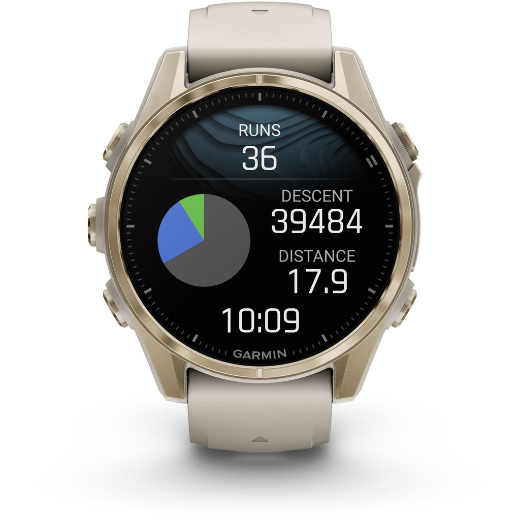 Garmin Fenix 8 AMOLED Sapphire. Soft Gold/Fog Gray. Front view.