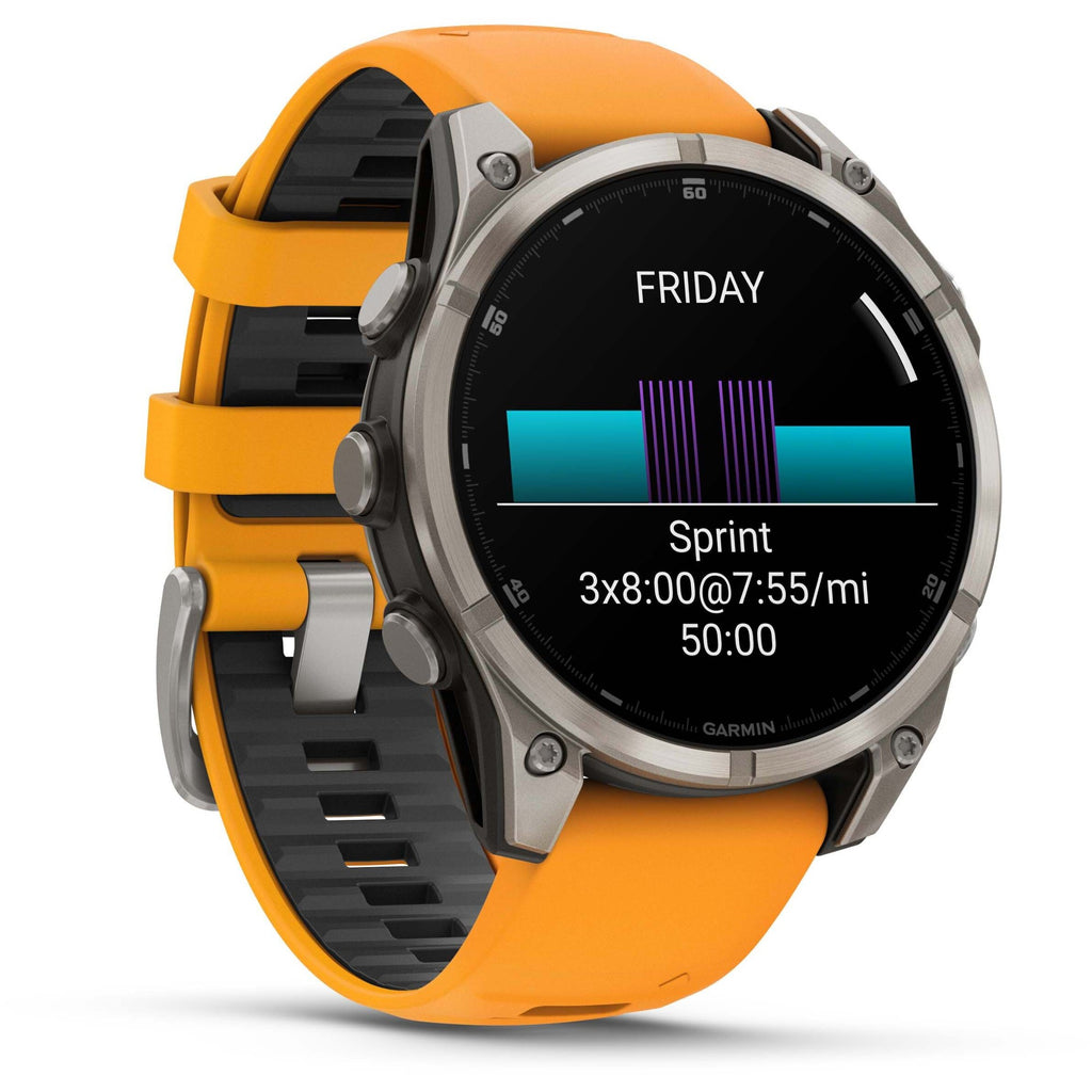 Garmin Fenix 8 AMOLED Sapphire. Titanium/Spark Orange. Front/Lateral view.