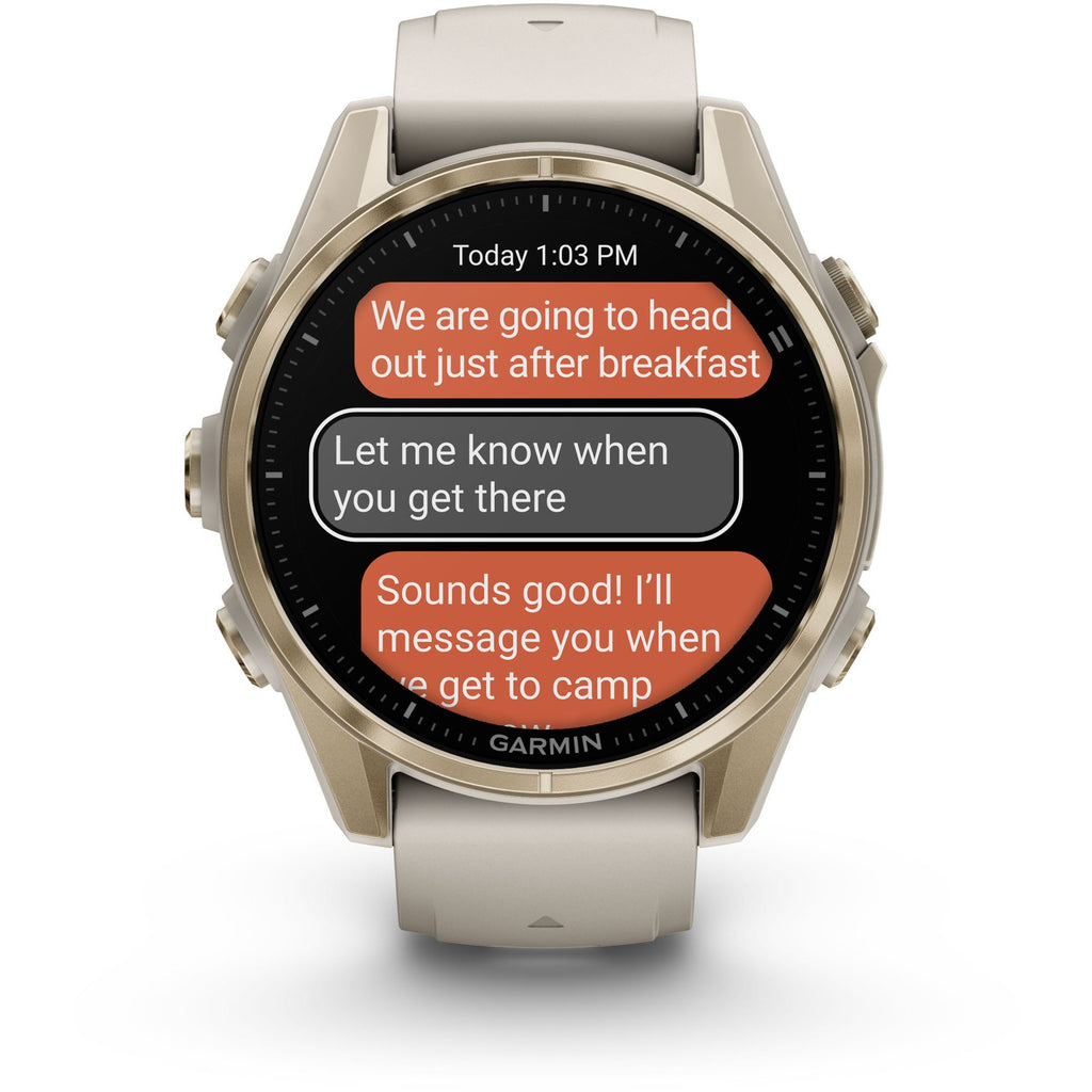 Garmin Fenix 8 AMOLED Sapphire. Soft Gold/Fog Gray. Front view.