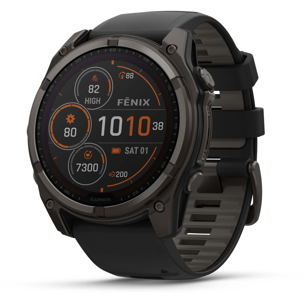 Garmin Fenix 8 Solar Sapphire. Carbon Gray DLC Titanium/Black. Front/Lateral view.