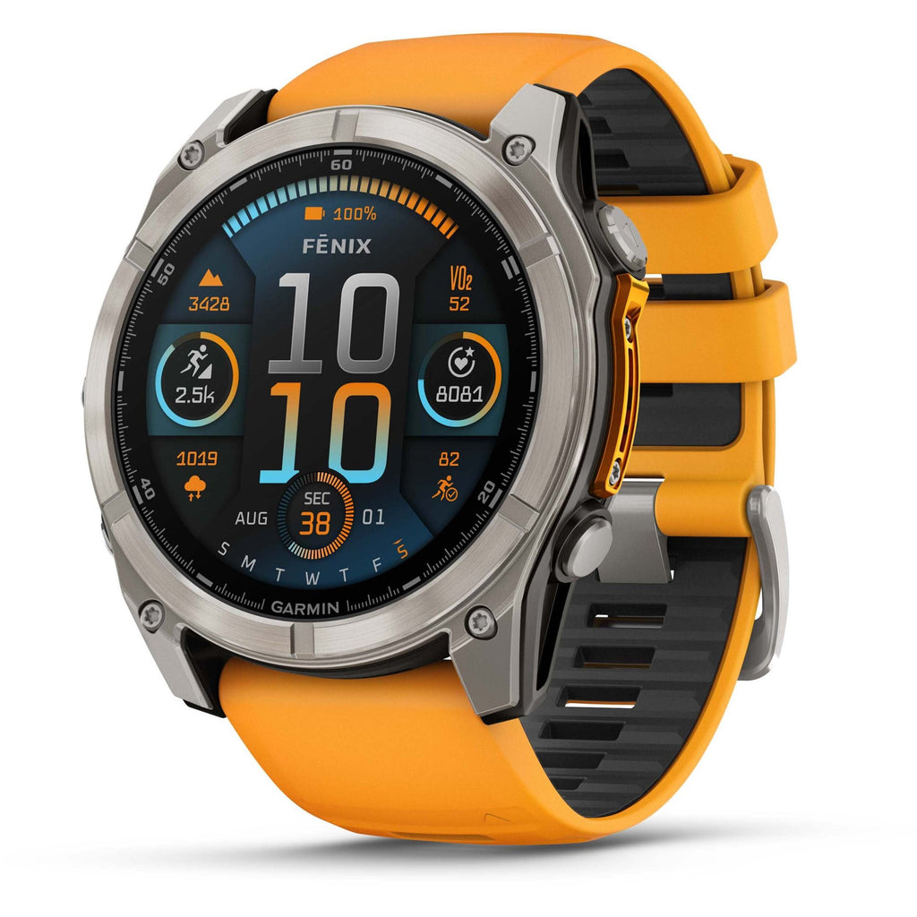 Garmin Fenix 8 AMOLED Sapphire. Titanium/Spark Orange. Front/Lateral view.