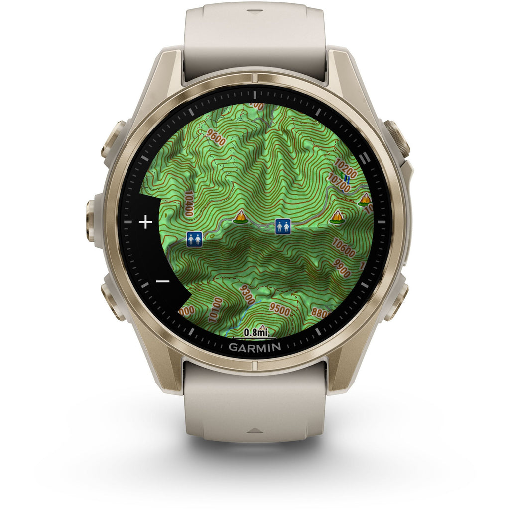 Garmin Fenix 8 AMOLED Sapphire. Soft Gold/Fog Gray. Front view.