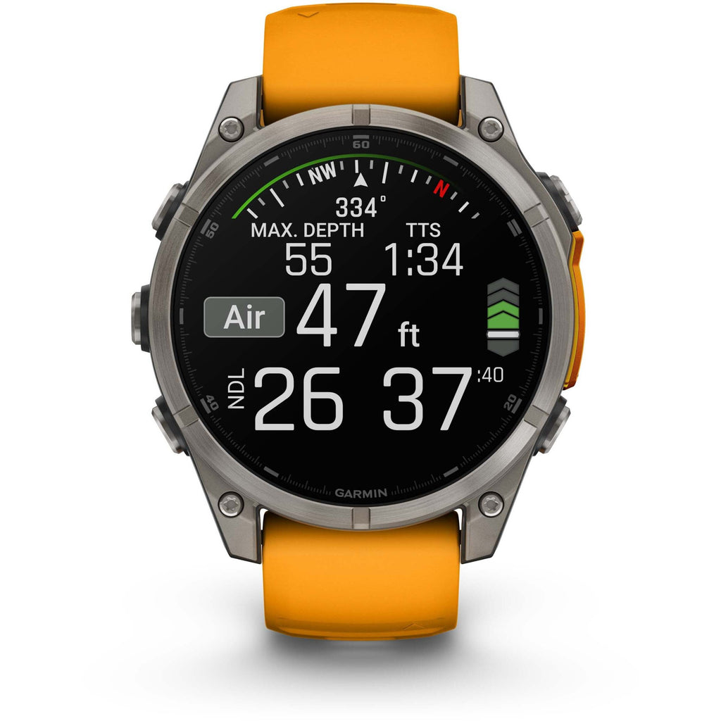 Garmin Fenix 8 AMOLED Sapphire. Titanium/Spark Orange. Front view.