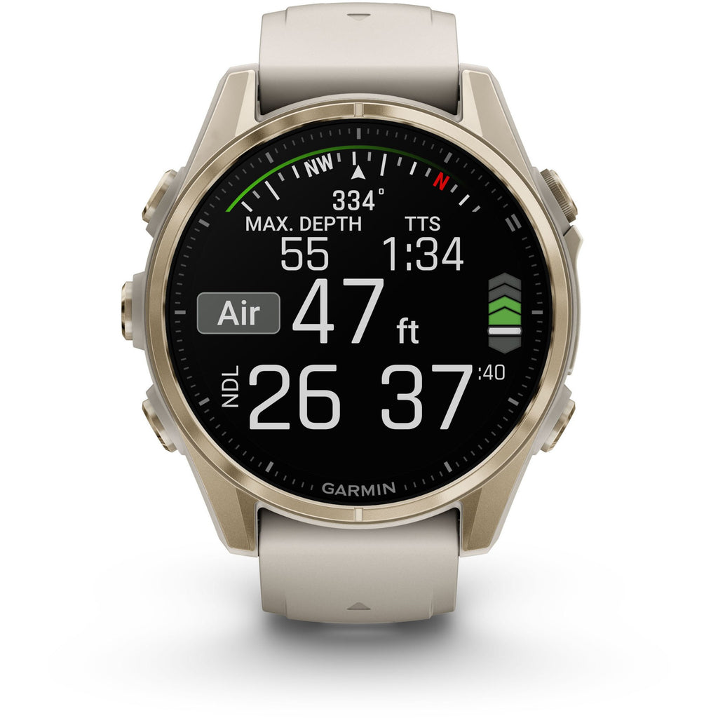 Garmin Fenix 8 AMOLED Sapphire. Soft Gold/Fog Gray. Front view.