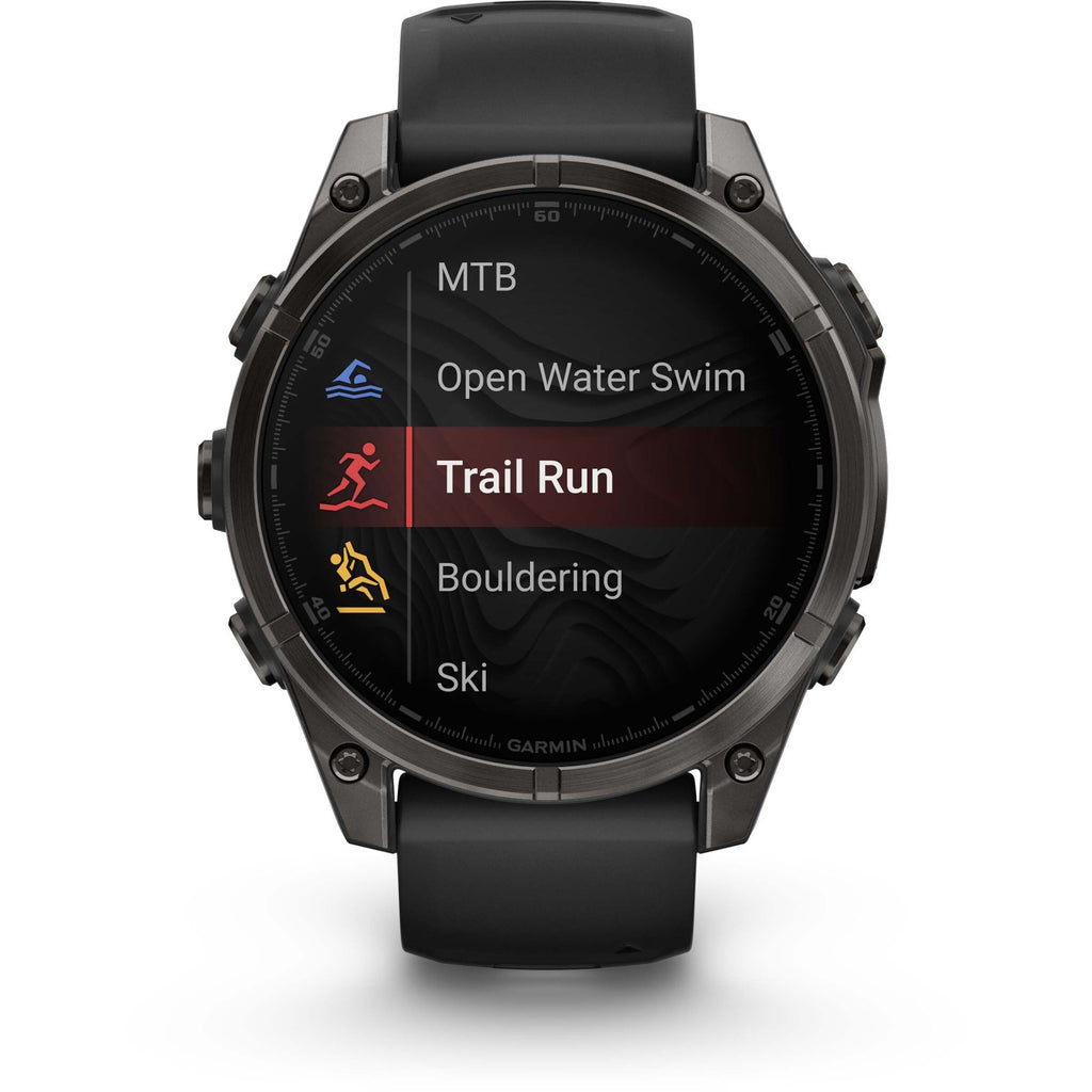 Garmin Fenix 8 AMOLED Sapphire. Carbon Gray DLC Titanium/Black. Front view.