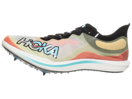 Unisex Hoka Cielo X 3 LD Spikes. Multicolored upper. White midsole. Lateral view.